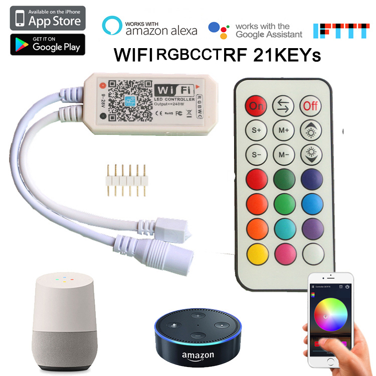 Magic Home Pro APP DC9-28V WIFI RGBCCT LED Pixel RF Remote Smart Controller Works with Amazon Alexa, Google Assistant home, and IFTTT device, Suitable for RGBCCT LED Strip Lights (replacement by CON-WIFI-3BUTTON-6PIN LED controller)